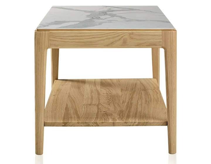 Table basse rectangulaire en chêne et céramique avec tablette en bois teinte naturelle plateau céramique effet marbre blanc 100x50 cm Table basse rectangulaire en chêne et céramique avec tablette en bois teinte naturelle plateau céramique effet marbre blanc 100x50 cm