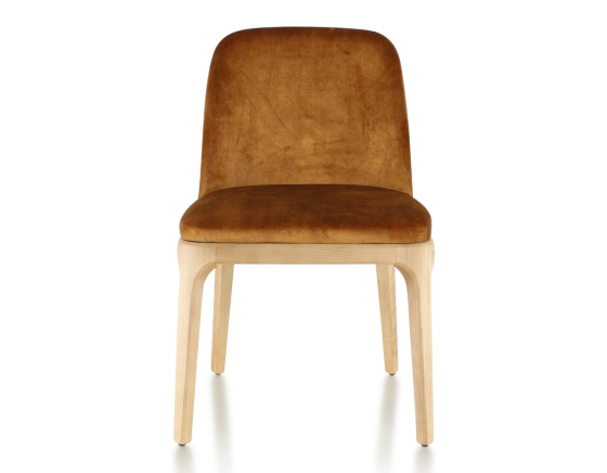 Designer chair natural stained wood and bronze velvet fabric
