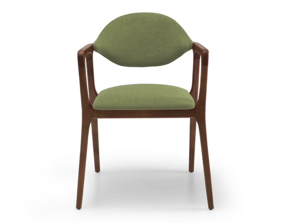 Designer armchair dark brown stained wood and green fabric. Designer armchair dark brown stained wood and green fabric.