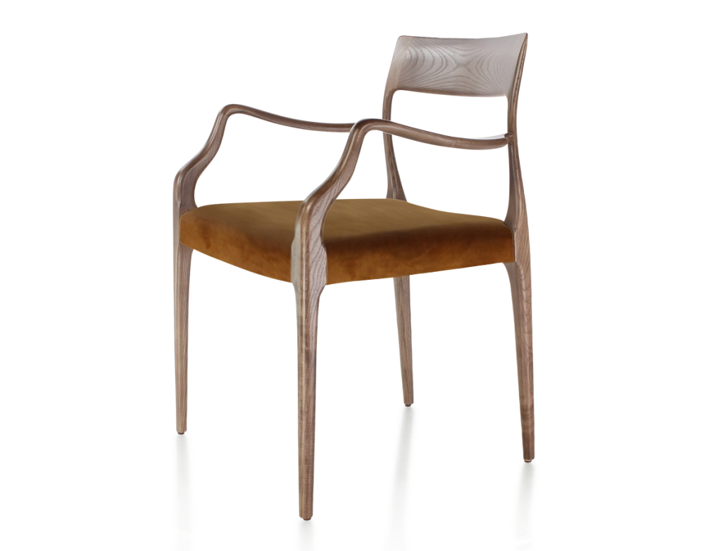 Chaise scandinave avec accoudoirs bois teinte marron foncé assise tissu velours bronze Chaise scandinave avec accoudoirs bois teinte marron foncé assise tissu velours bronze