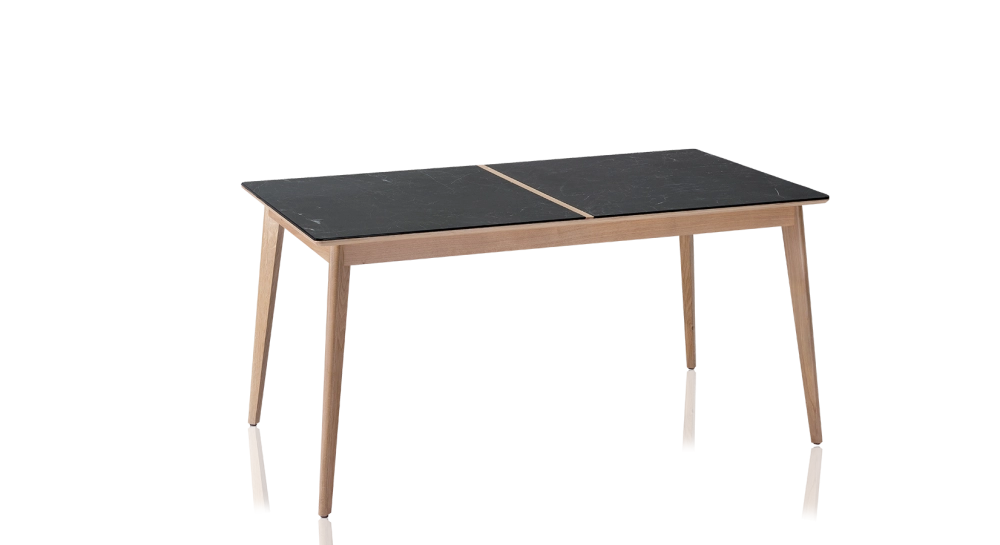 Table extensible 6 à 10 personnes en chêne et céramique allonges bois avec bois teinte naturelle et plateau céramique effet ardoise 140x90 cm Table extensible 6 à 10 personnes en chêne et céramique allonges bois avec bois teinte naturelle et plateau céramique effet ardoise 140x90 cm