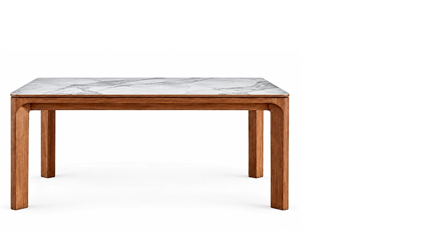 Table extensible 6 à 10/12 personnes en noyer et céramique allonges bois avec bois teinte naturelle et plateau céramique effet marbre blanc 180x100 cm