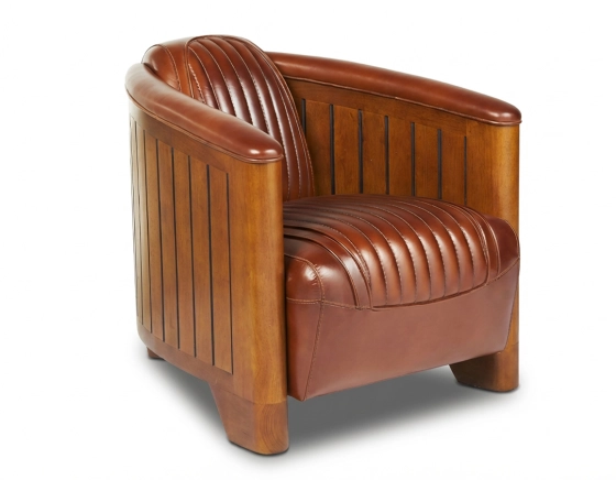 Fauteuil club bois et cuir marron vintage