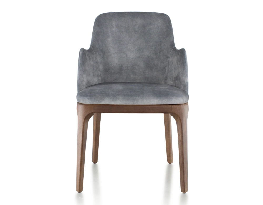Designer chair with armrests dark brown stained wood and grey velvet fabric Designer chair with armrests dark brown stained wood and grey velvet fabric