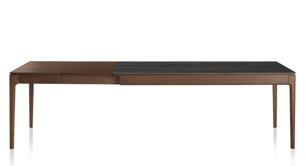 Table extensible 6 à 10 personnes en chêne et céramique allonges bois avec bois teinte marron foncé et plateau céramique effet marbre noir 140x90 cm Table extensible 6 à 10 personnes en chêne et céramique allonges bois avec bois teinte marron foncé et plateau céramique effet marbre noir 140x90 cm