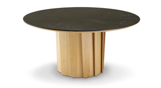 Table salle à manger ronde en chêne et céramique 6 personnes avec bois teinte naturelle et plateau céramique effet ardoise 120 cm