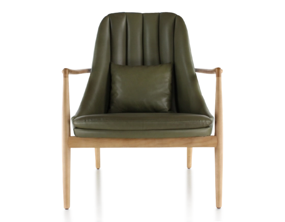 Fauteuil scandinave bois teinte naturelle et cuir vert kaki