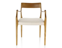 Chaise scandivave avec accoudoirs bois teinte merisier assise tissu chevron beige