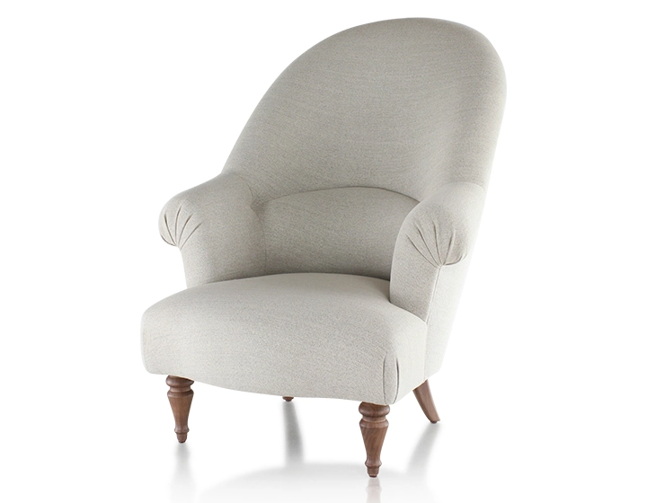 Fauteuil crapaud avec accoudoirs pieds bois teinte noyer et tissu beige naturel haut dossier Fauteuil crapaud avec accoudoirs pieds bois teinte noyer et tissu beige naturel haut dossier