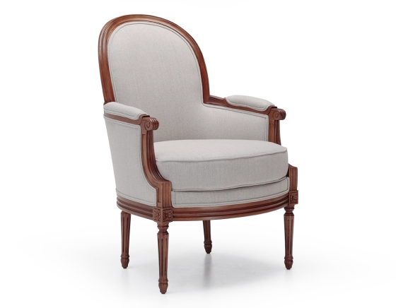 Fauteuil bergère mouluré style Louis XVI bois teinte ancienne et tissu beige naturel