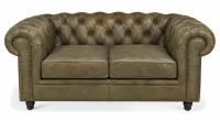 Canapé Chesterfield cuir 2 places vert olive accoudoirs cloutés