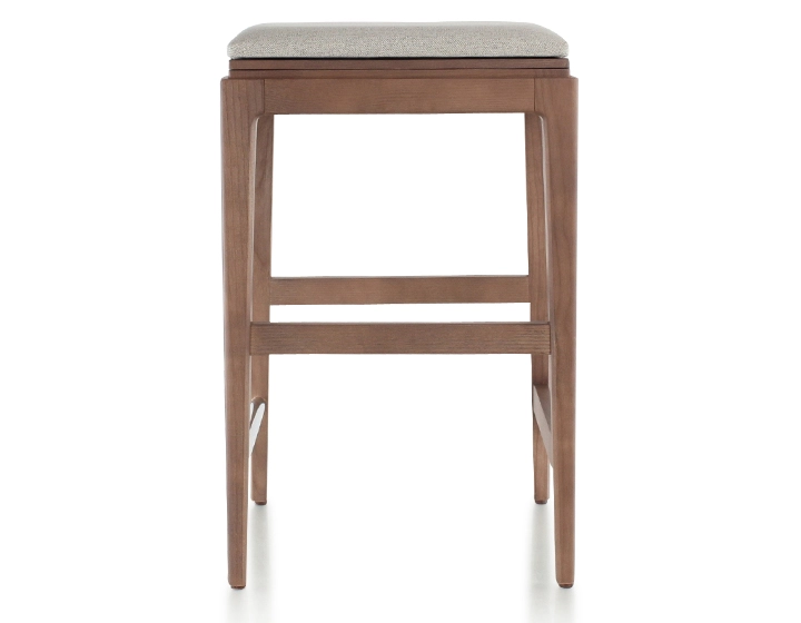Tabouret de bar design H60 cm bois teinte noyer assise tissu beige naturel Tabouret de bar design H60 cm bois teinte noyer assise tissu beige naturel