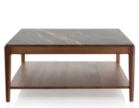 Table basse carrée en noyer et céramique effet marbre noir avec tablette 100x100 cm