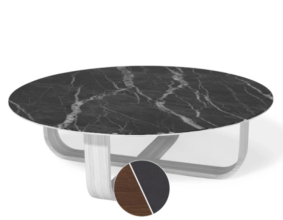 Table basse ronde en chêne et céramique avec bois teinte marron foncé plateau céramique effet marbre noir 100 cm