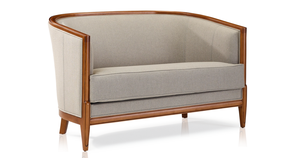 Canapé ancien 2 places accoudoirs moulurés bois teinte ancienne et tissu gris clair