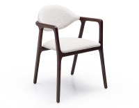 Designer armchair dark brown stained wood and white bouclé fabric. Designer armchair dark brown stained wood and white bouclé fabric.