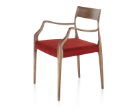 Chaise scandinave avec accoudoirs bois teinte noyer assise tissu bordeaux Chaise scandinave avec accoudoirs bois teinte noyer assise tissu bordeaux