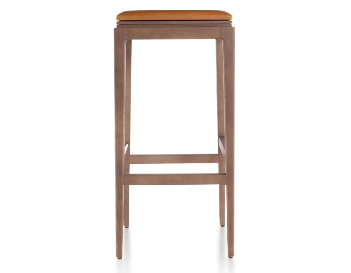 H80 cm designer bar stool walnut-stained wood, caramel leather seat H80 cm designer bar stool walnut-stained wood, caramel leather seat