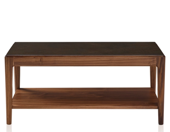 Rectangular coffee table in walnut and ceramic with shelf in natural stained wood, oxidised brown ceramic top 100x50 cm