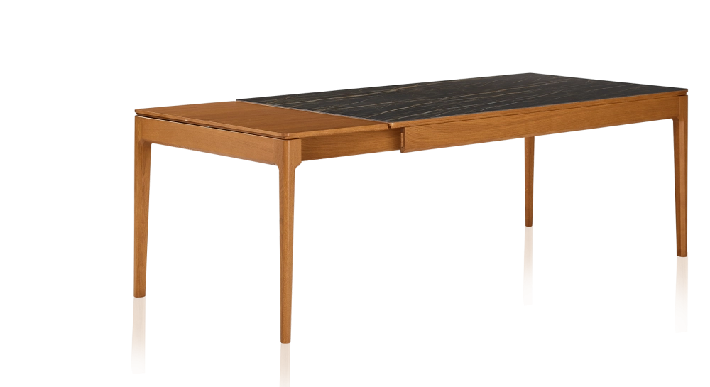 Table extensible 8 à 12 personnes en chêne et céramique allonges bois avec bois teinte merisier et plateau céramique effet marbre noir 160x100 cm Table extensible 8 à 12 personnes en chêne et céramique allonges bois avec bois teinte merisier et plateau céramique effet marbre noir 160x100 cm