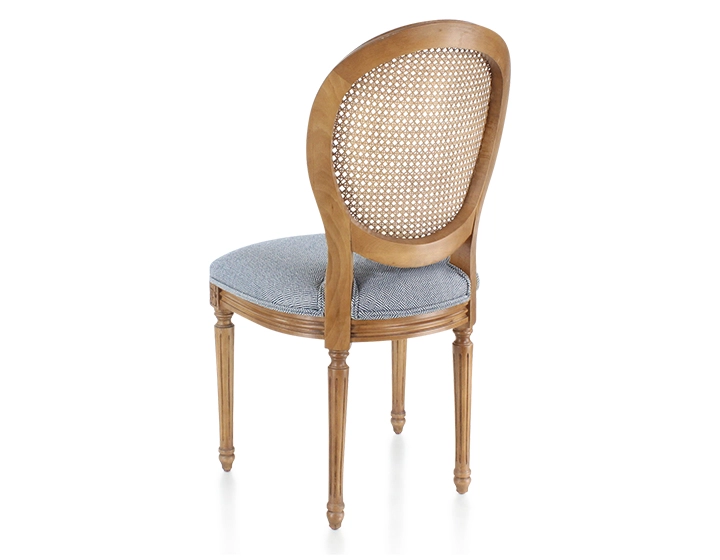 Antique Louis XVI style chair wood stained old caned back blue chevron fabric seat Antique Louis XVI style chair wood stained old caned back blue chevron fabric seat