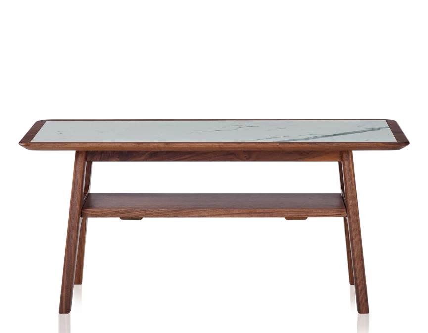 Table basse rectangulaire en noyer et céramique bois teinte naturelle plateau céramique effet marbre blanc 100x50 cm