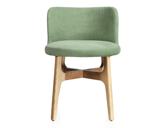 Designer chair natural wood stain green fabric seat