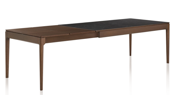 Table extensible 6 à 12 personnes en chêne et céramique allonges bois avec bois teinte marron foncé et plateau céramique effet ardoise 140x100 cm