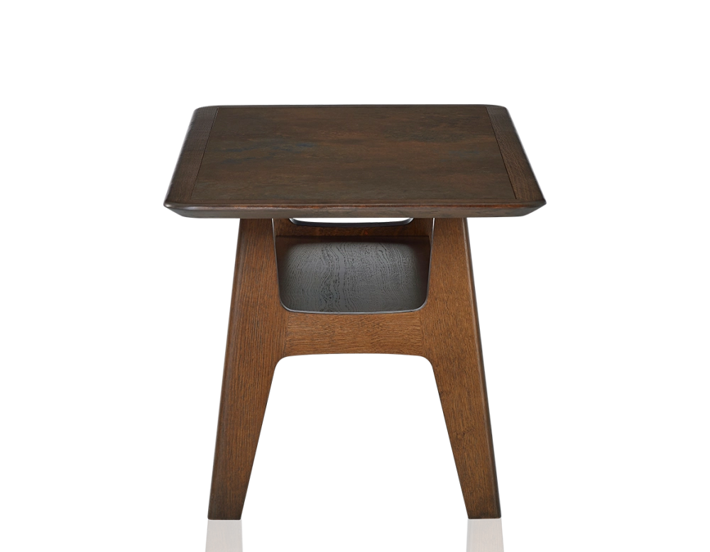 Table basse rectangulaire en chêne et céramique avec bois teinte marron foncé plateau céramique brun oxydé 100x50 cm Table basse rectangulaire en chêne et céramique avec bois teinte marron foncé plateau céramique brun oxydé 100x50 cm