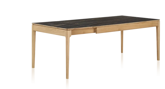 Table extensible en chêne naturel et céramique effet marbre noir 140x90 cm allonges céramique