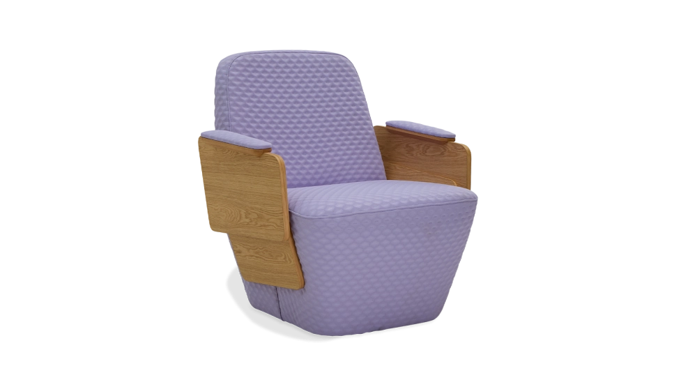 Fauteuil design avec accoudoirs chêne teinte naturelle assise tissu mauve Fauteuil design avec accoudoirs chêne teinte naturelle assise tissu mauve