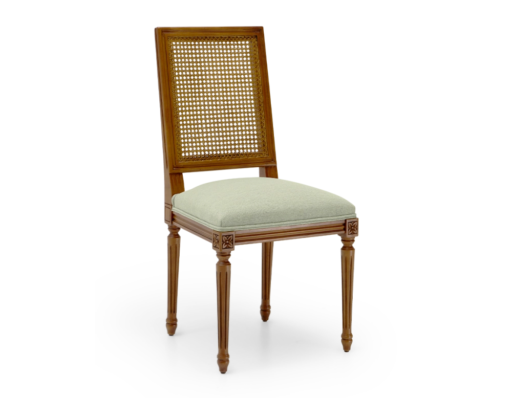 Chaise ancienne style Louis XVI dossier canné assise tissu vert sauge Chaise ancienne style Louis XVI dossier canné assise tissu vert sauge