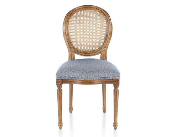 Antique Louis XVI style chair wood stained old caned back blue chevron fabric seat