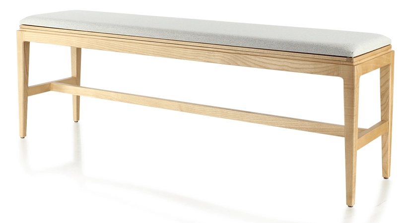 Banc design bois teinte naturelle assise tissu beige naturel L120 cm Banc design bois teinte naturelle assise tissu beige naturel L120 cm