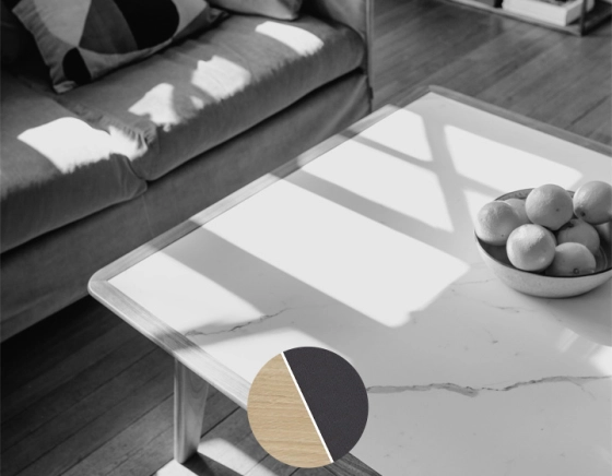 Square coffee table in oak and ceramic with natural tint wood, plain black ceramic top 100x100 cm