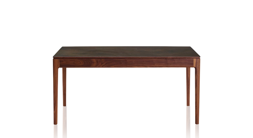 Table extensible en noyer et céramique allonges céramique avec bois teinte naturelle et plateau céramique brun oxydé 140x90 cm