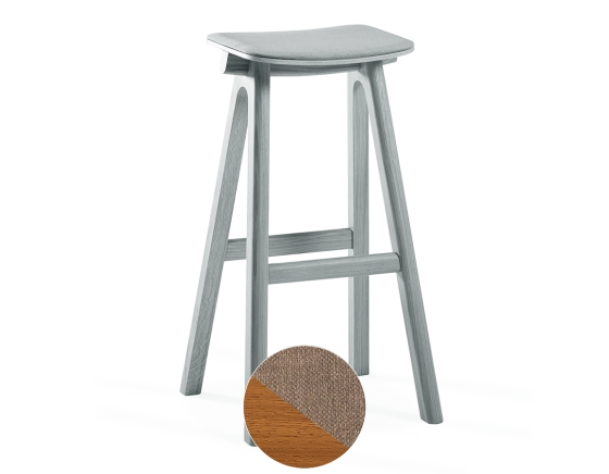 Tabouret de bar en chêne tapissé H80 cm bois teinte merisier assise tissu taupe