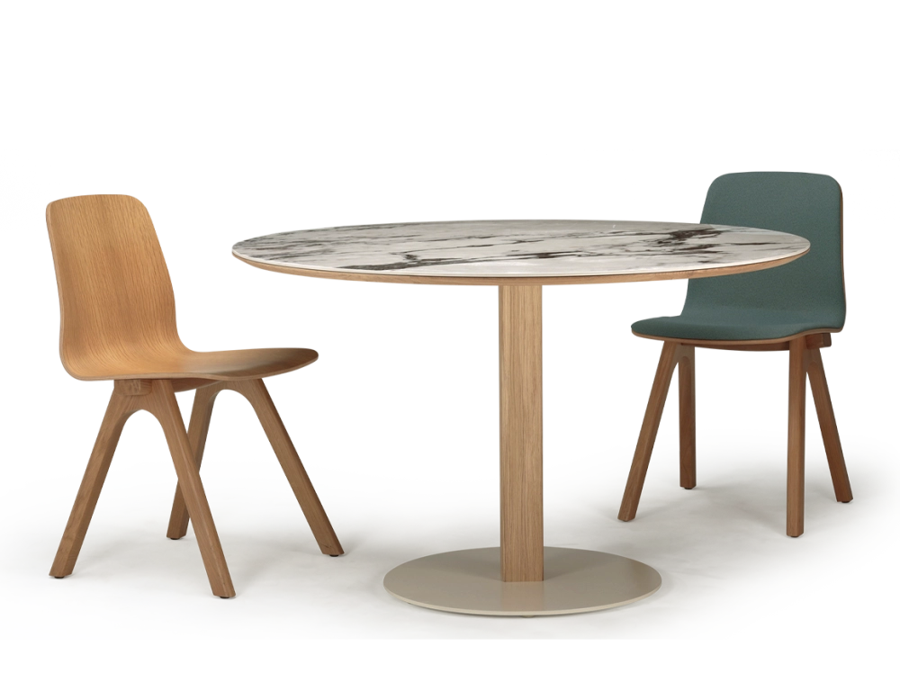 Table salle à manger ronde en chêne et céramique 4 à 6 personnes avec bois teinte naturelle et plateau céramique effet marbre blanc m3 110x110 Table salle à manger ronde en chêne et céramique 4 à 6 personnes avec bois teinte naturelle et plateau céramique effet marbre blanc m3 110x110