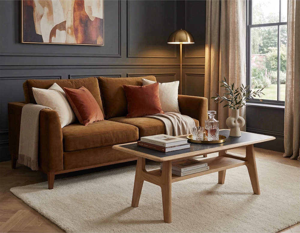 Rectangular coffee table in oak and ceramic with natural stained wood, slate effect ceramic top 100x50 cm