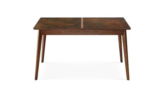Table extensible 6 à 8 personnes en noyer et céramique allonges bois avec bois teinte naturelle et plateau céramique brun oxydé