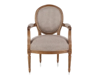 Sillón antiguo estilo Luis XVI bois teinte ancienne et tissu chiné beige, gris et orange