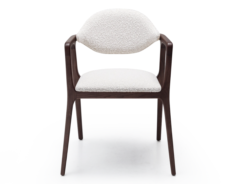 Designer armchair dark brown stained wood and white bouclé fabric. Designer armchair dark brown stained wood and white bouclé fabric.