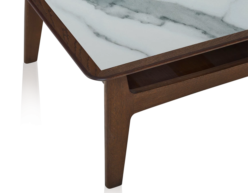 Table basse carrée en chêne et céramique avec bois teinte marron foncé plateau céramique effet marbre blanc 100x100 cm
