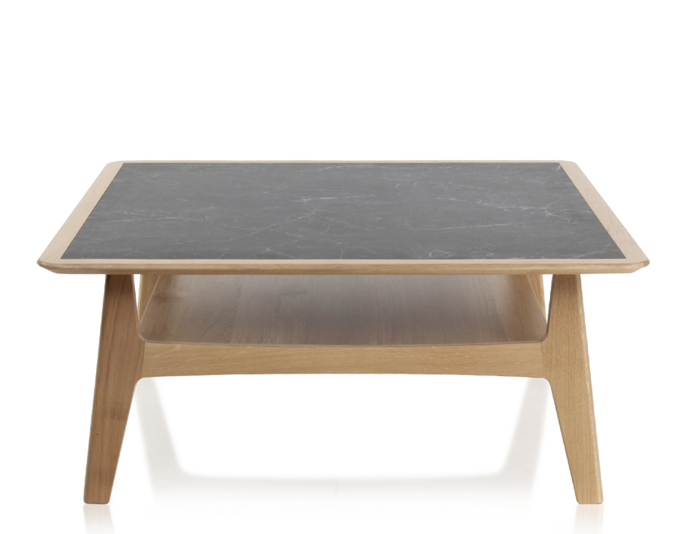 Table basse carrée en chêne et céramique avec bois teinte naturelle plateau céramique effet ardoise 100x100 cm Table basse carrée en chêne et céramique avec bois teinte naturelle plateau céramique effet ardoise 100x100 cm