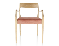 Scandinavian armchair with armrests natural wood stain, seat pale pink velvet fabric Scandinavian armchair with armrests natural wood stain, seat pale pink velvet fabric