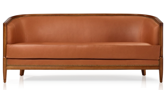 Canapé ancien 3 places accoudoirs moulurés bois teinte ancienne et cuir châtain