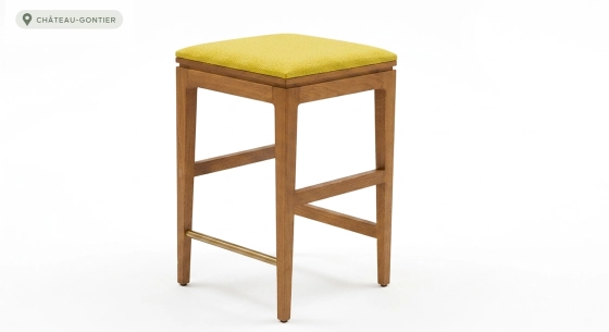 Tabouret de bar design H65 cm bois teinte vintage assise tissu jaune