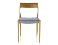 Chaise scandivave bois teinte merisier assise tissu chevron bleu