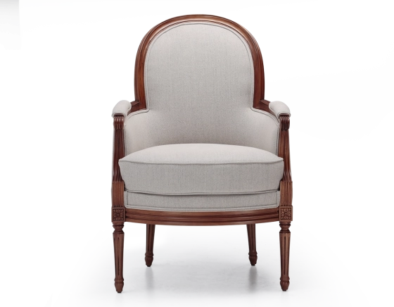 Fauteuil bergère mouluré style Louis XVI bois teinte ancienne et tissu beige naturel
