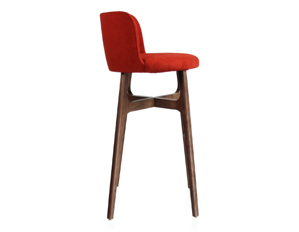 Bar stool h80 cm dark brown stained wood, burnt orange fabric seat Bar stool h80 cm dark brown stained wood, burnt orange fabric seat